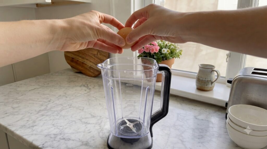 Two hands cracking an egg directly over an empty clear blender pitcher in a bright kitchen