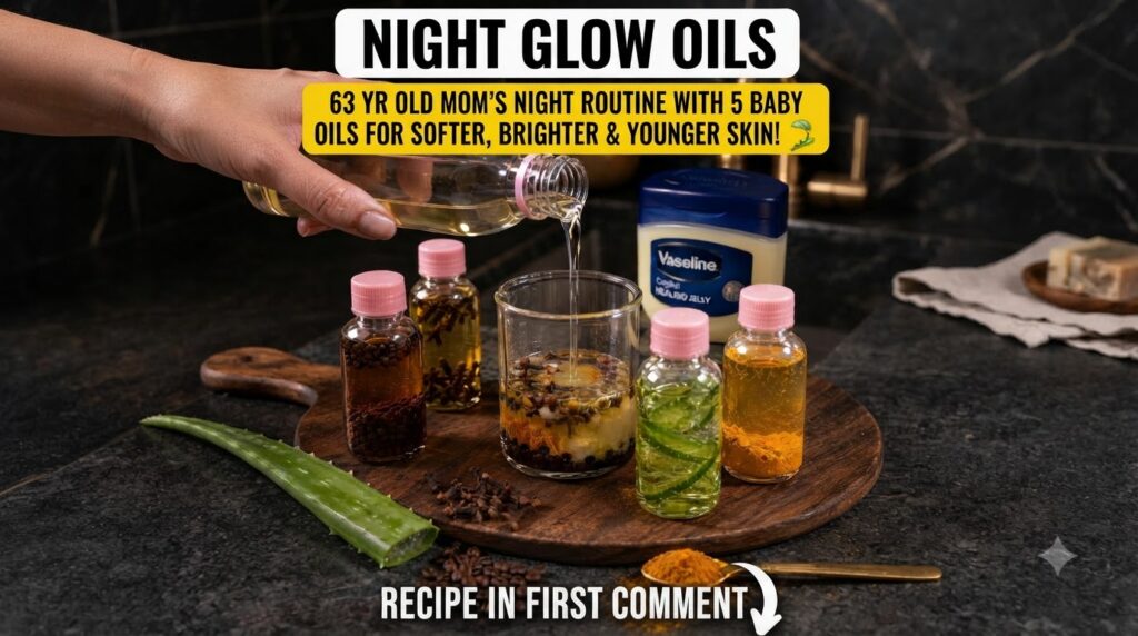 A hand pouring clear oil into a glass beaker with various spices surrounded by small bottles of infused oils loose clove