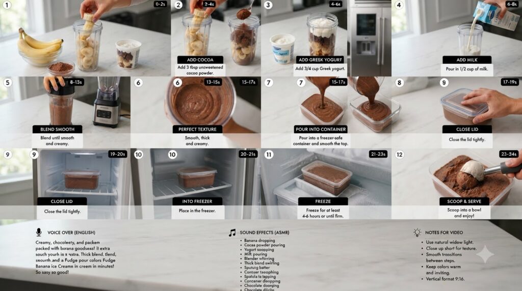 A detailed 12-step infographic for making vegan chocolate banana ice cream It showcases ingredients like ripe bananas co
