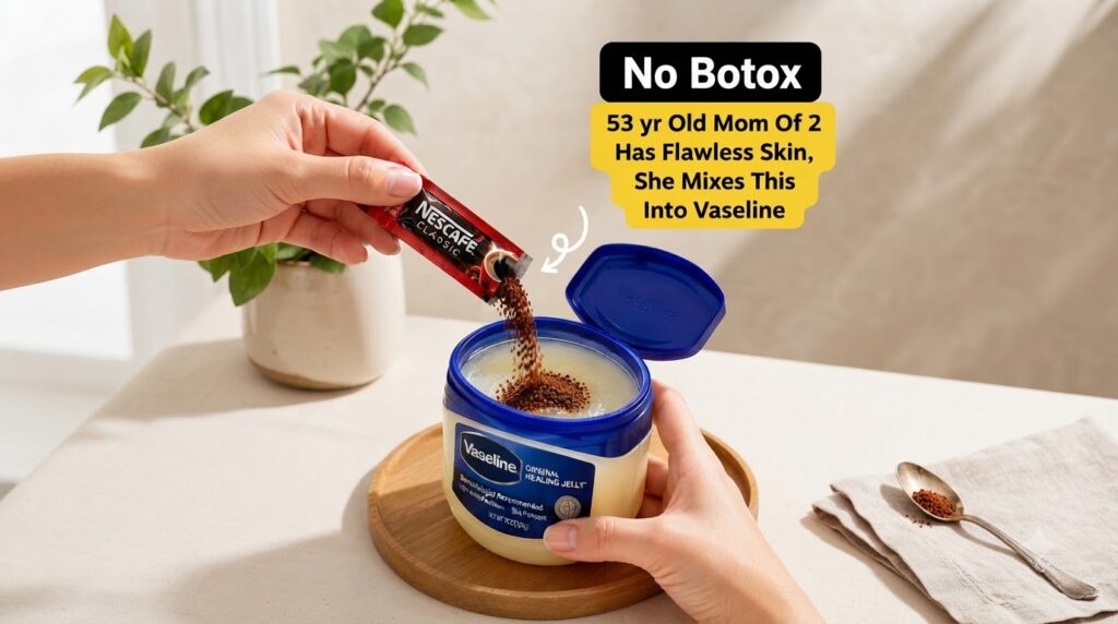 A person s hands pouring instant coffee granules from a sachet into an open jar of Vaseline Original Healing Jelly on a 