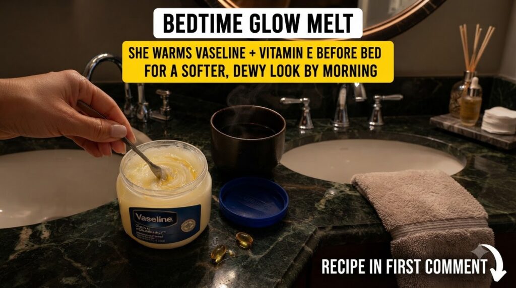 A hand mixing Vaseline with Vitamin E oil in a clear jar on a dark green marble countertop In the background a steaming