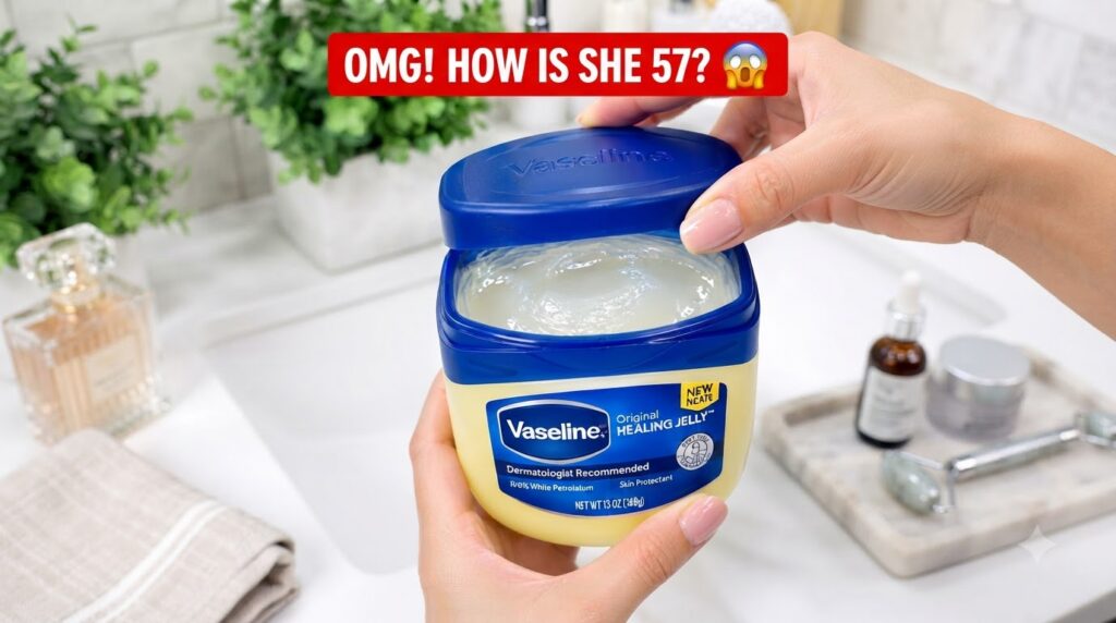 A person s hands gently holding an open container of Vaseline Original Healing Jelly with a blurred background of a gree