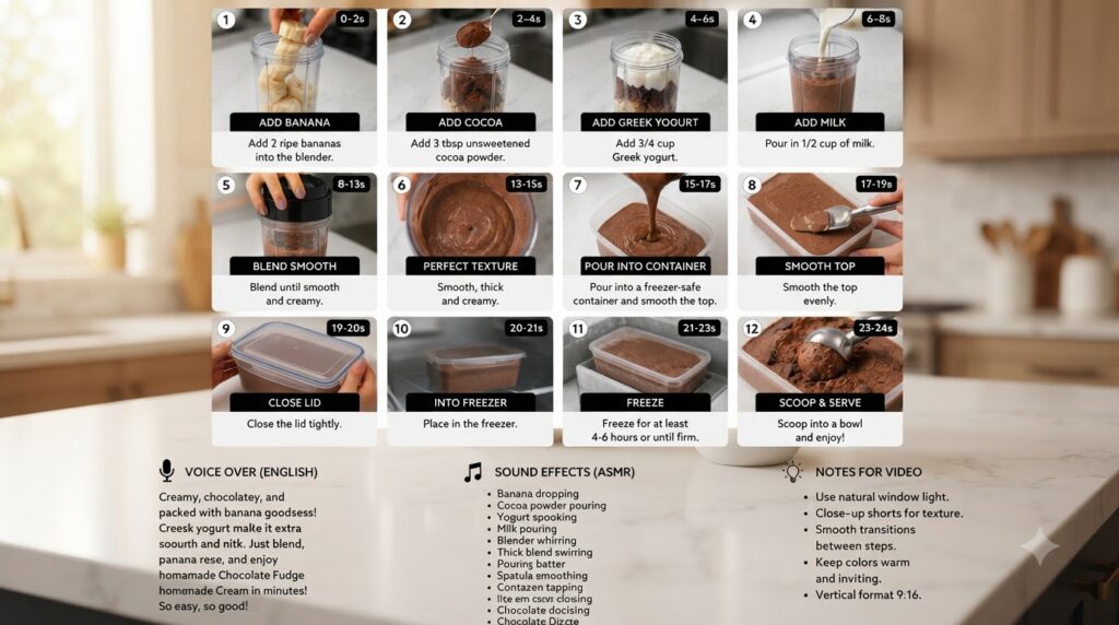 A 12-panel step-by-step guide showing the process of making chocolate banana ice cream from ingredients to blending free