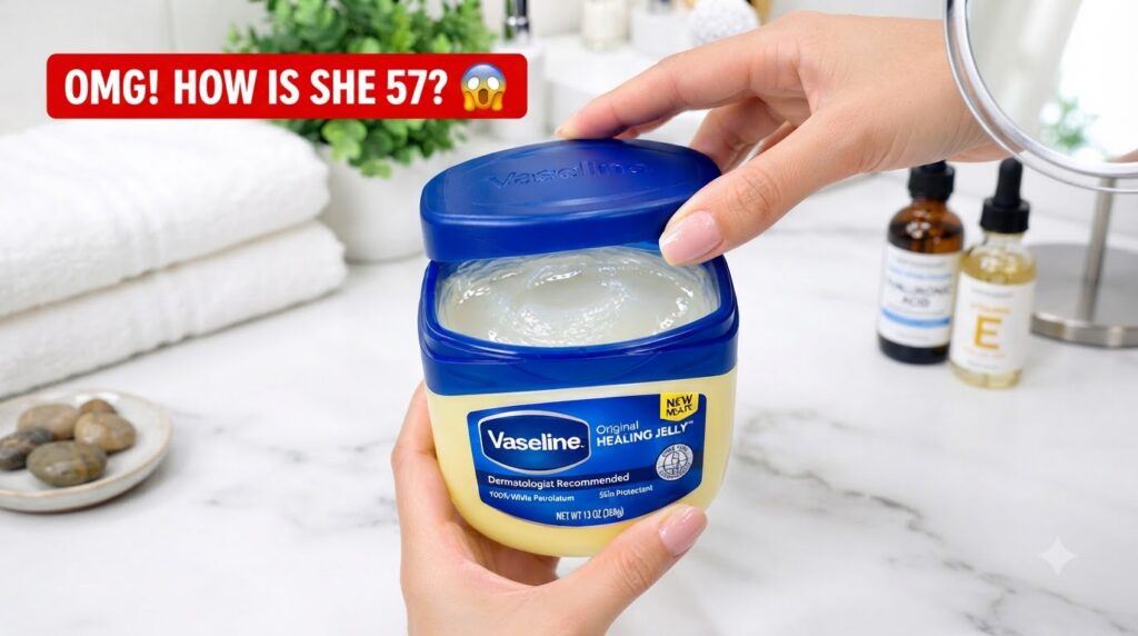 Hands holding an open tub of Vaseline Original Healing Jelly revealing the product inside with a blurred bathroom backgr