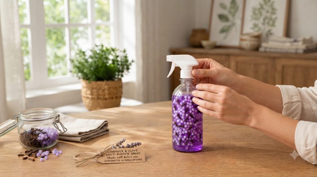 A pair of hands gently holding a clear spray bottle filled with a vibrant purple liquid white spherical beads and dried 