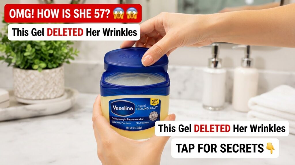 A close-up of hands holding an open jar of Vaseline Original Healing Jelly with the clear jelly visible inside The backg