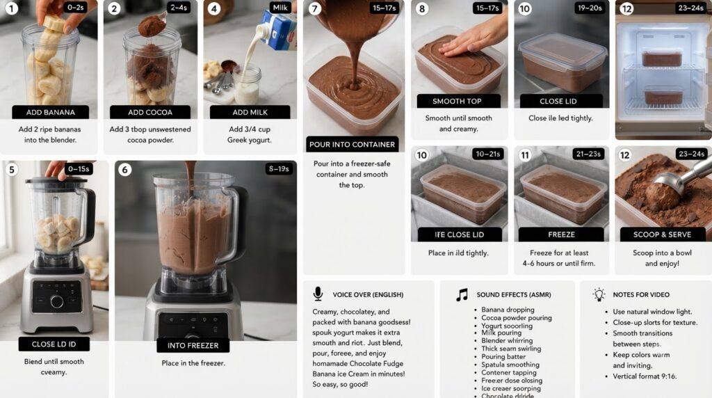 A 12-panel grid illustrating the step-by-step recipe for chocolate fudge banana ice cream showing ingredients blending p