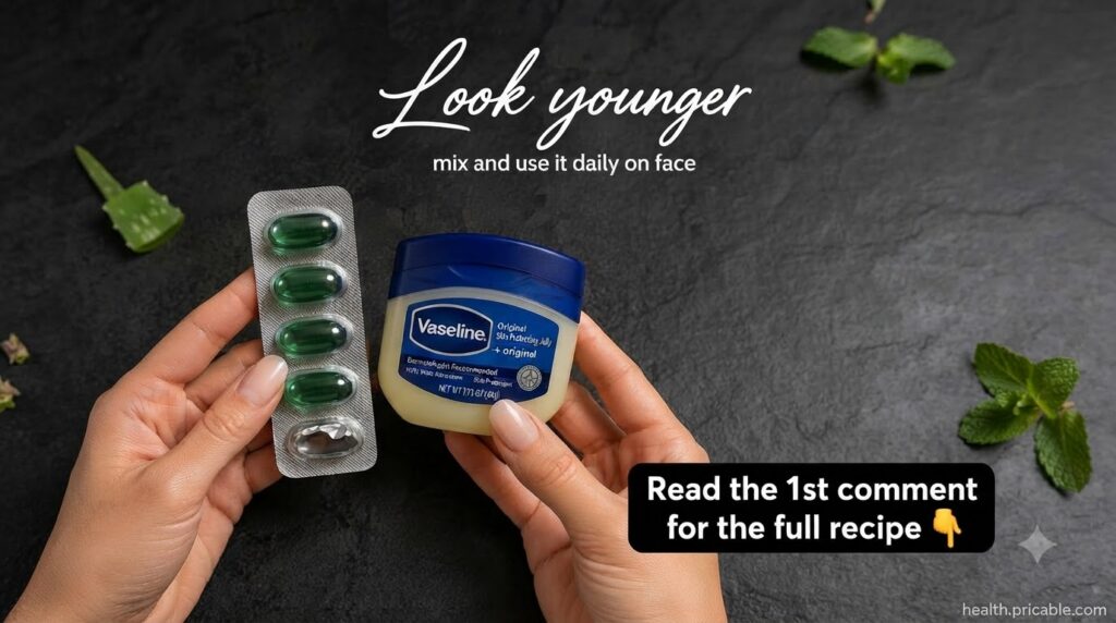 Hands holding a blister pack of green gel Vitamin E capsules and a small tub of Vaseline Original Skin Protecting Jelly 
