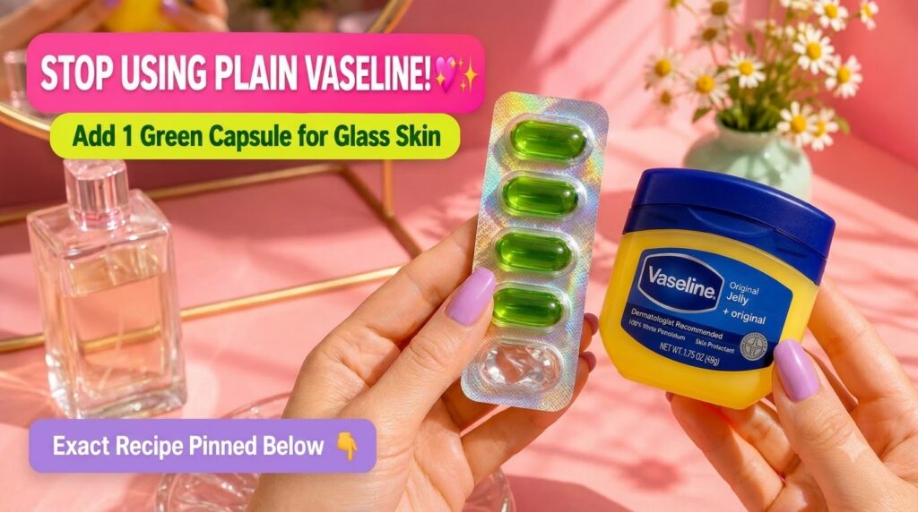 Two hands with purple nail polish holding a blister pack of green capsules and a jar of Vaseline Original Jelly set agai