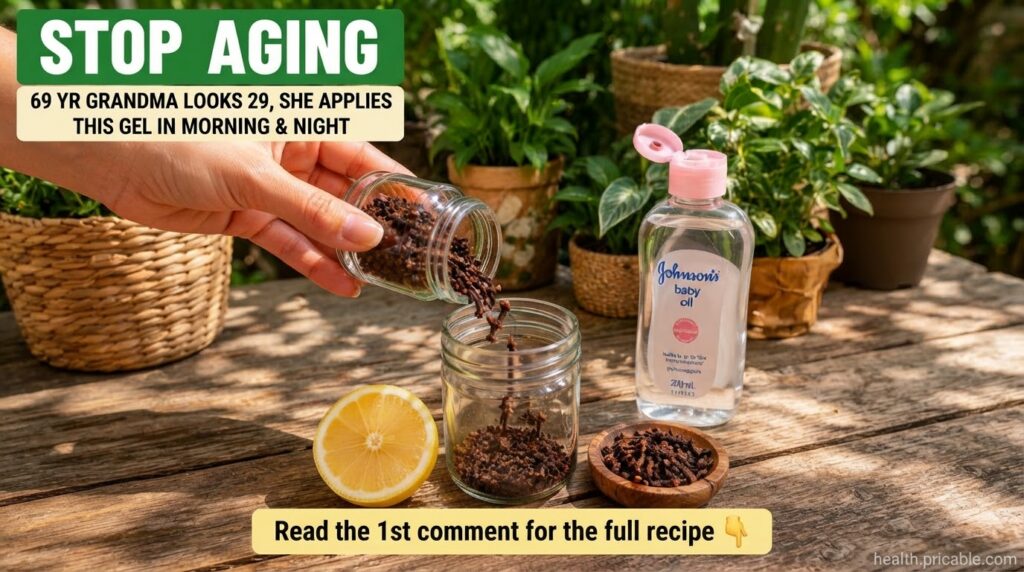 A hand pouring dried cloves from a glass jar into another with a bottle of baby oil a lemon slice and more cloves on a w