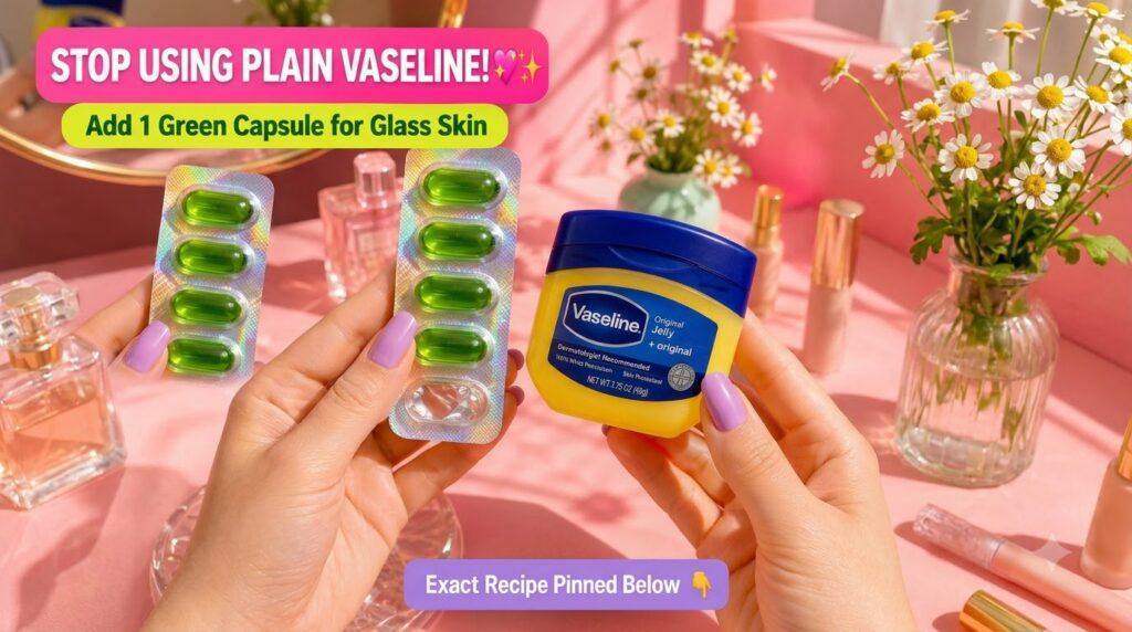 Two hands with lavender nail polish holding a blister pack of green capsules and a jar of Vaseline Original Jelly agains