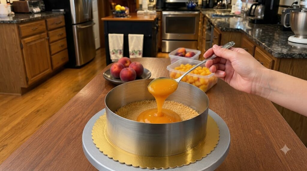 A hand pouring vibrant orange peach filling from a spoon onto a crumb crust within a metal cake ring with blurred whole 