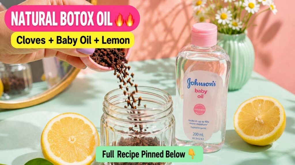A hand pouring dried cloves from a small pink bowl into a clear glass jar with a bottle of Johnson s baby oil a half-cut
