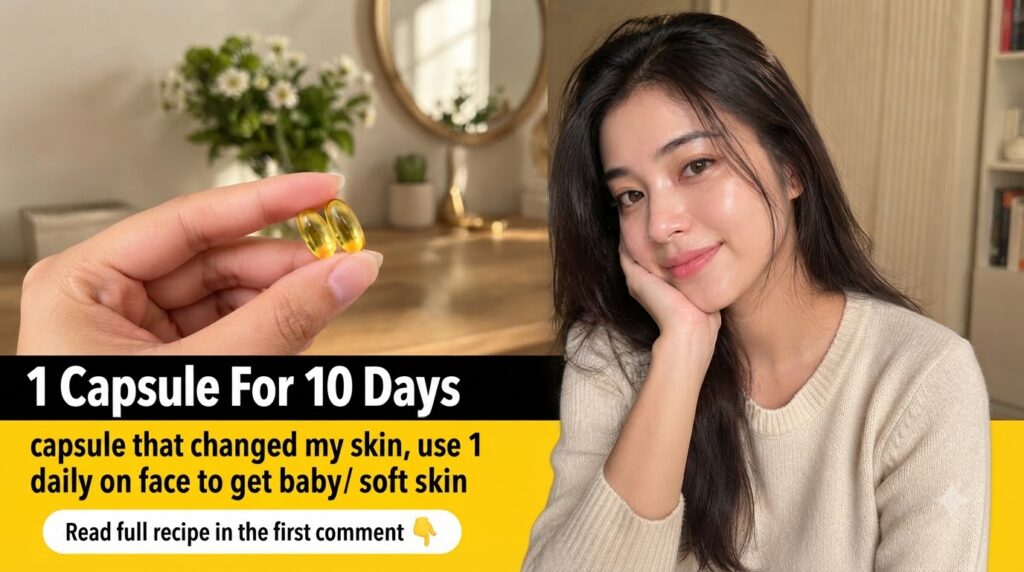 A split-screen image on the left a hand holds two golden soft gel capsules with a soft floral background on the right a 