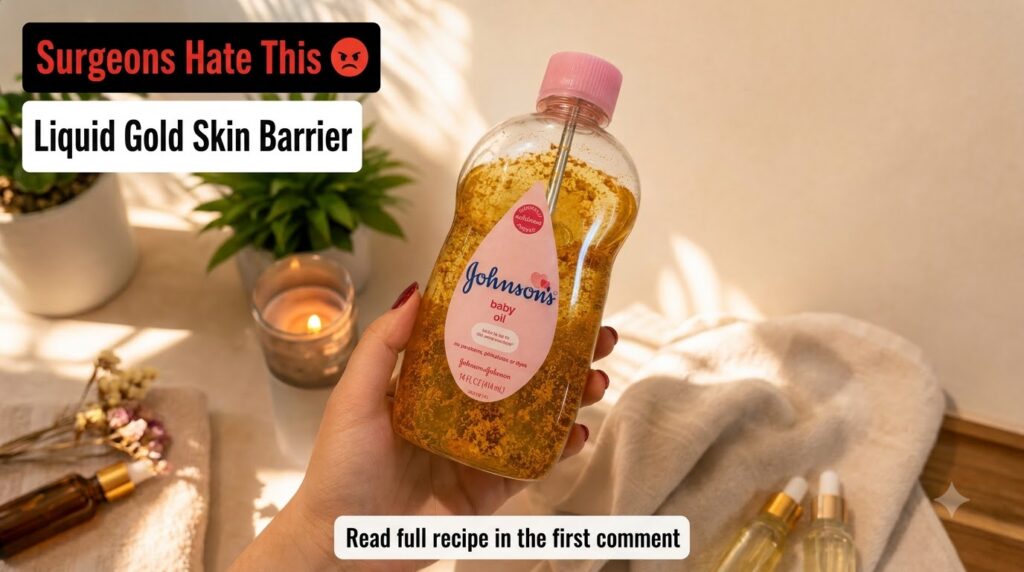 A hand holding a customized bottle of Johnson s baby oil with golden leaf-like particles suspended within with a soft wa