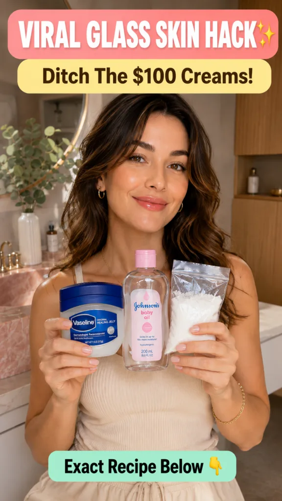 A smiling woman holding Vaseline Johnson s Baby Oil and a small bag of white powder with a modern bathroom backdrop