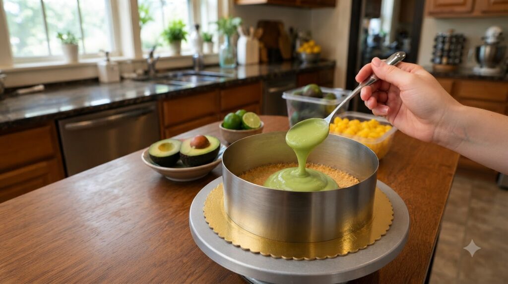 A hand pouring a vibrant green avocado-lime mixture from a spoon into a metal cake ring which rests on a granular crumb 