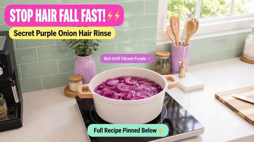 A white pot filled with boiling purple liquid and sliced red onions on a black induction cooktop with a light green tile