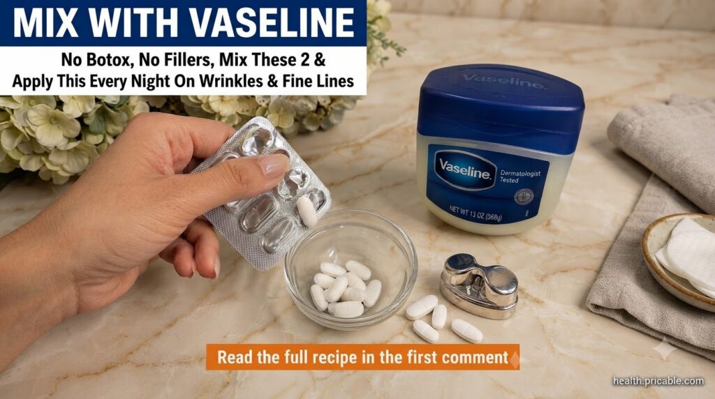 A hand is holding a white vitamin E capsule over a small bowl of other capsules and a jar of Vaseline illustrating the p