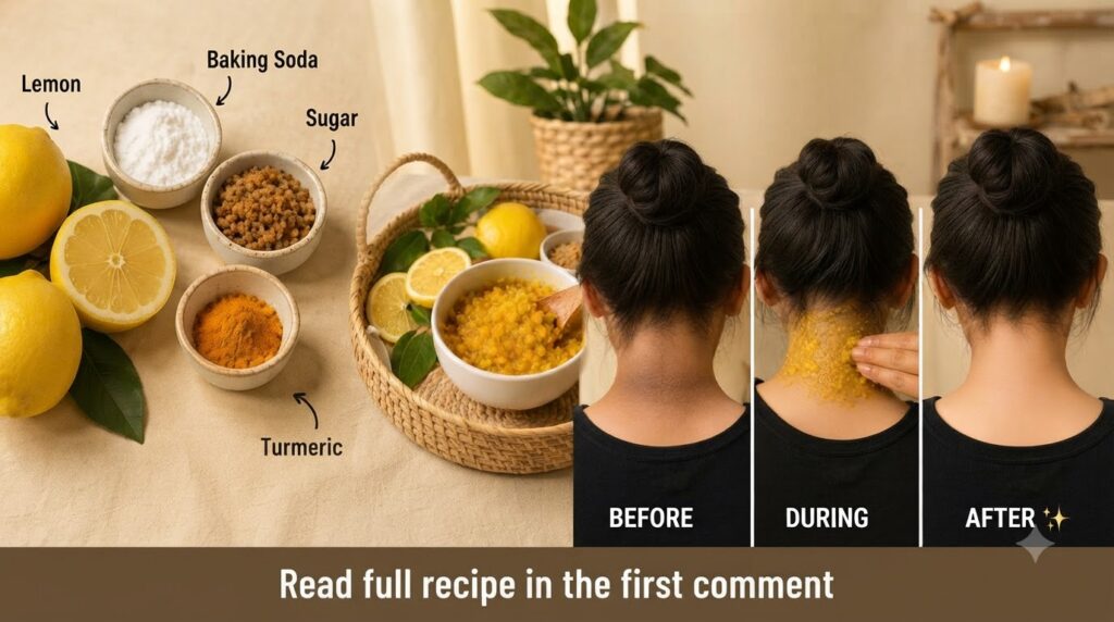 A six-panel collage demonstrating a DIY neck brightening scrub The top shows ingredients lemon baking soda sugar turmeri