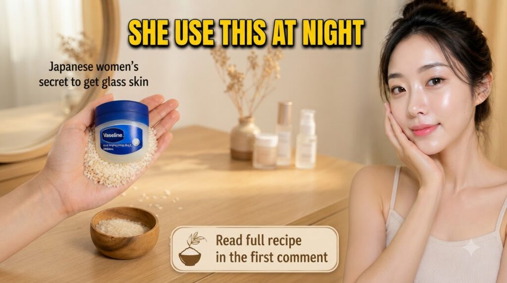 A vertical split composition showing a hand holding a Vaseline jar surrounded by white rice grains on the left and a smi