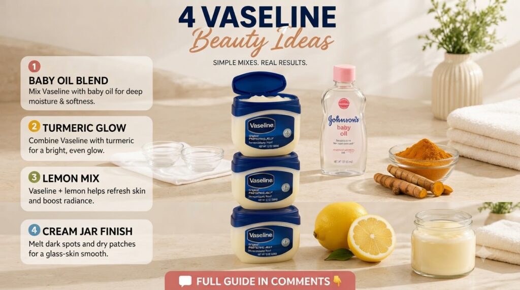 A vertically segmented display showcasing 4 Vaseline beauty ideas Each segment features a jar of Vaseline alongside an i