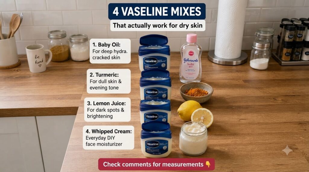 A clean organized overhead shot showing four open tubs of Vaseline Original Healing Jelly each paired with a different n