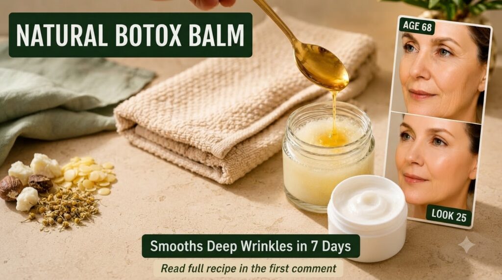 A homemade natural botox balm being prepared with a golden spoon pouring honey into a jar of balm and a woman s face sho
