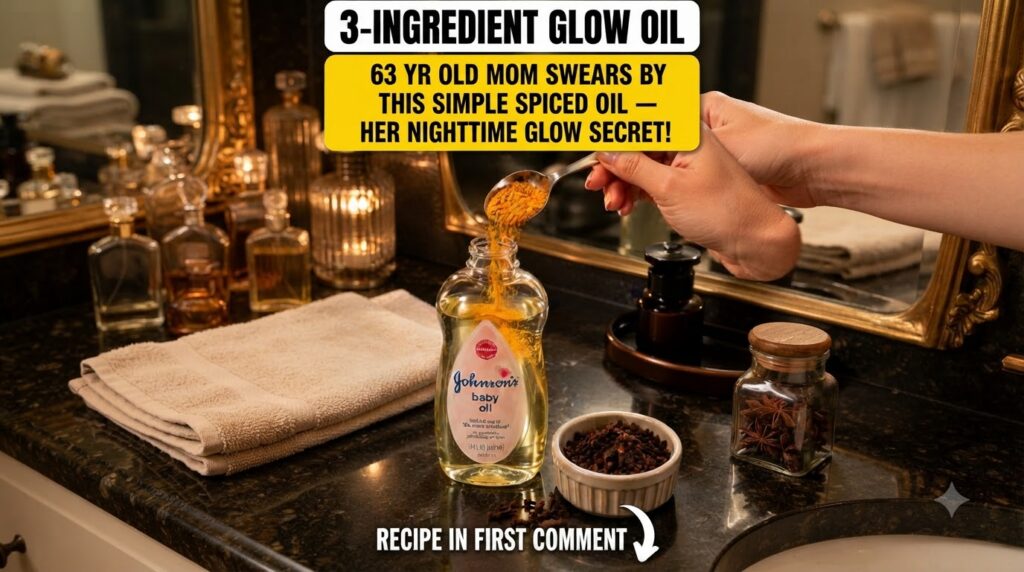 A hand pouring golden turmeric powder into a bottle of baby oil with cloves and a candle nearby showcasing the DIY proce