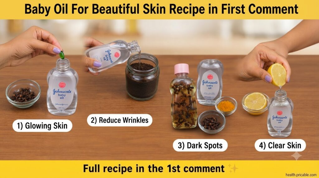 A 2x2 grid showing hands preparing four different DIY baby oil skincare recipes Top left Squeezing a vitamin E capsule i