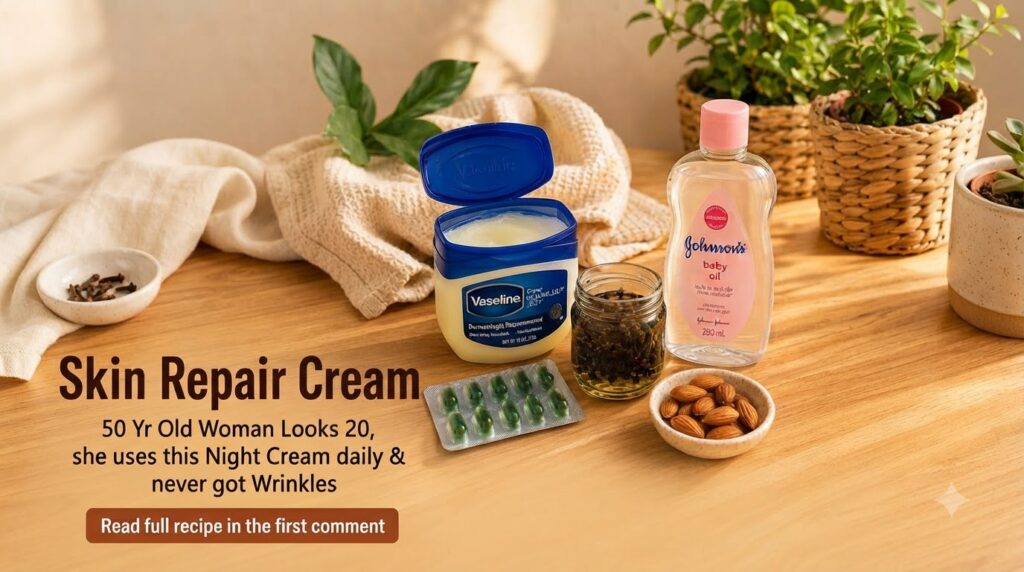 A collection of ingredients for a homemade skincare remedy including an open tub of Vaseline a bottle of Johnson s baby 