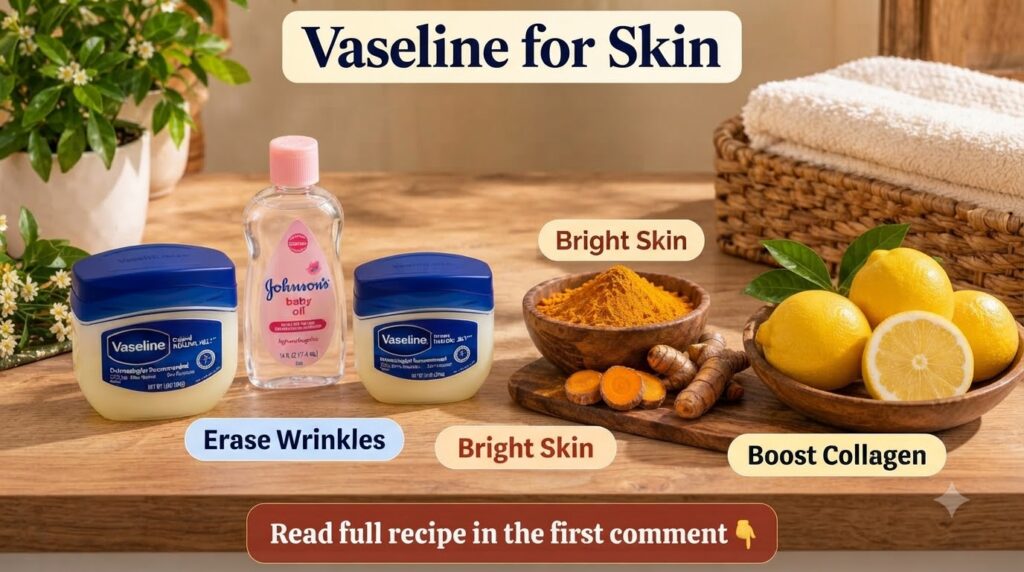 A vertical multi-panel collage showing Vaseline with baby oil lemons and turmeric each panel highlighting different skin