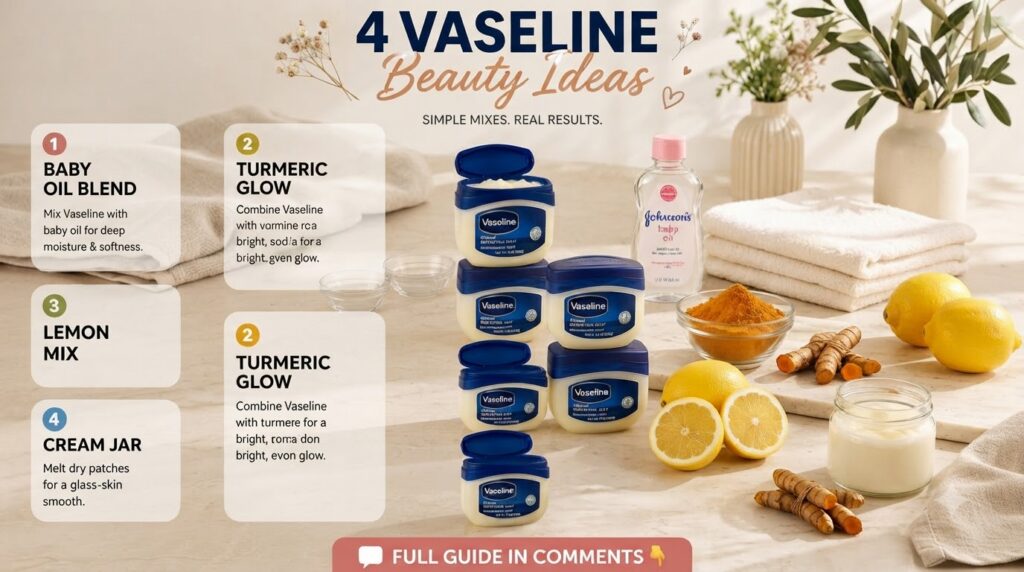 A vertical collage showing 4 Vaseline beauty ideas Each section features a jar of Vaseline Original Protecting Jelly alo