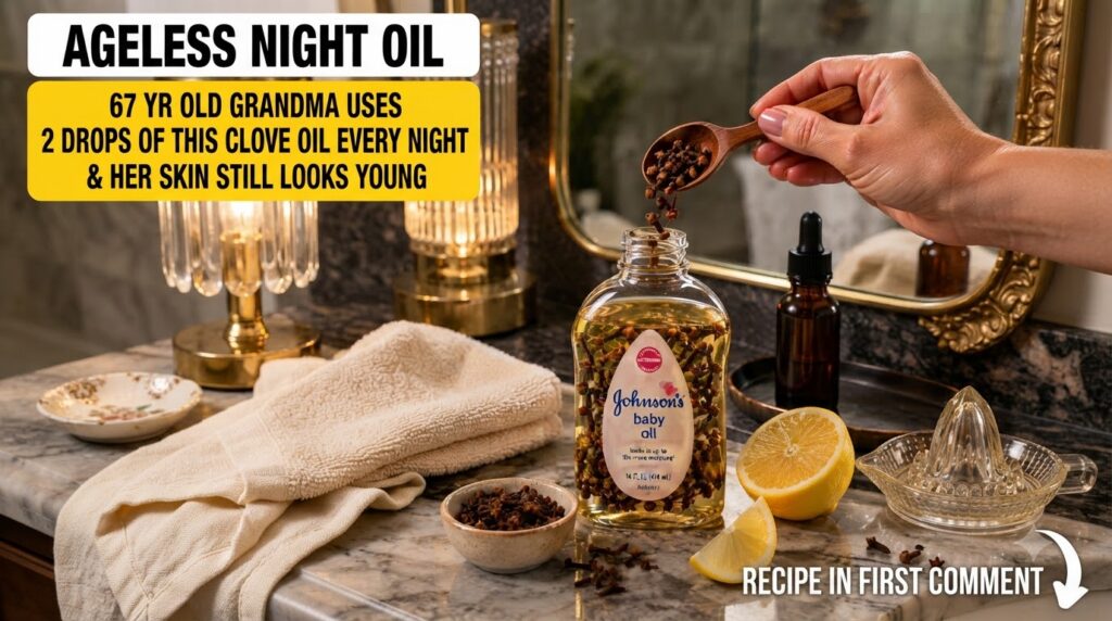 A bottle of Johnson s baby oil being infused with cloves a hand pouring more cloves a bowl of cloves a halved lime lemon