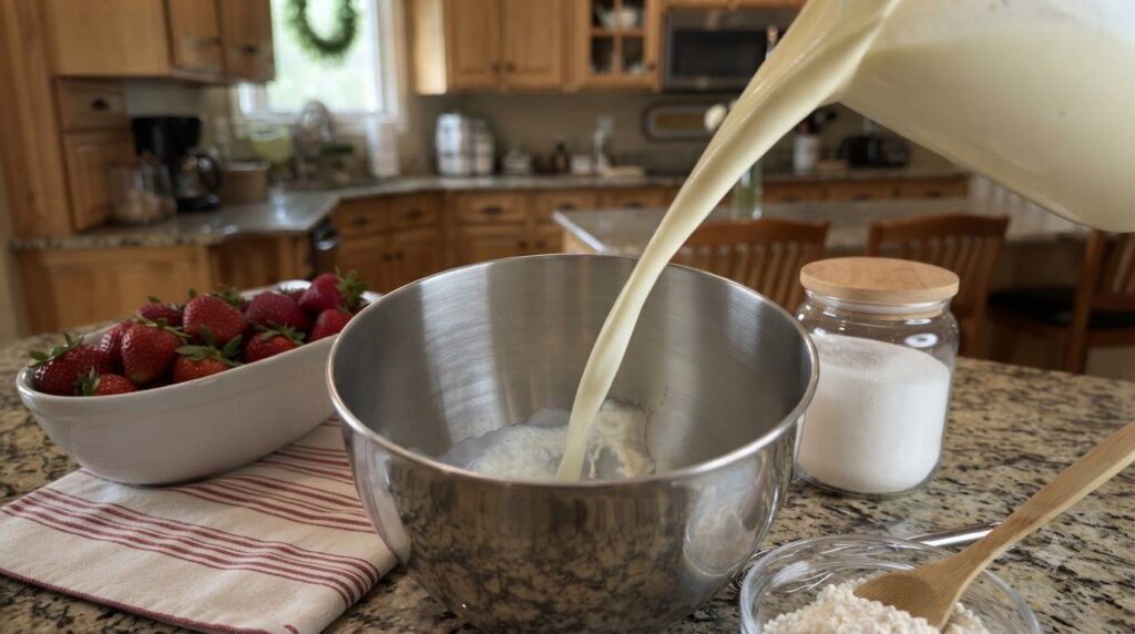 A creamy white plant-based milk being poured into a stainless steel mixing bowl creating splashes A bowl of fresh red st