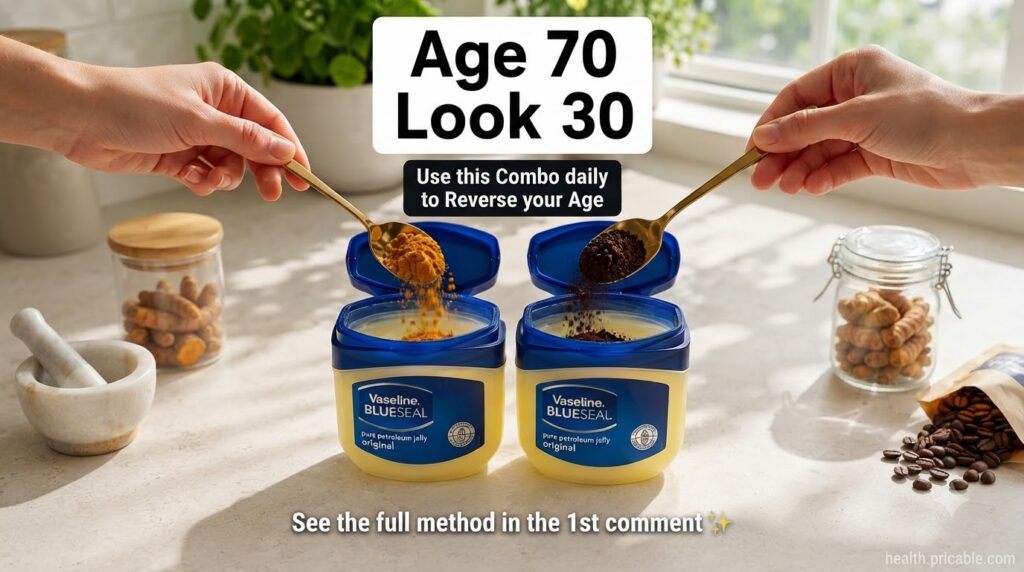 Hands mixing Vaseline turmeric powder and coffee grounds in a jar with green foliage in the background and light rays on