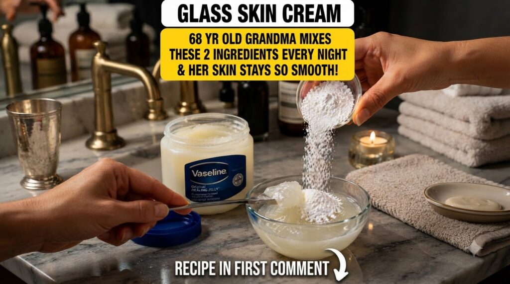 Hands mixing white powder into Vaseline in a glass bowl on a bathroom counter with a candle and faucet in the blurred ba
