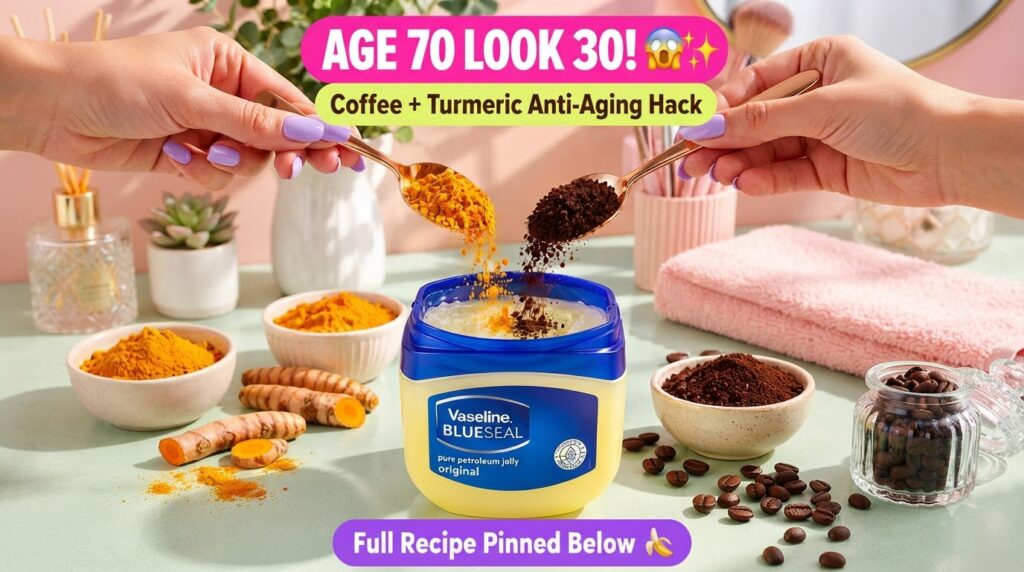 Two hands pouring turmeric powder and coffee grounds from spoons into a jar of Vaseline petroleum jelly with raw turmeri