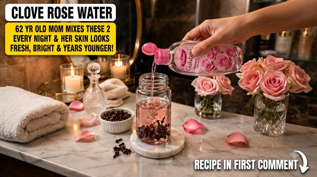 Close-up of rose water being poured from a bottle into a glass jar containing whole cloves and pink liquid with a lit ca