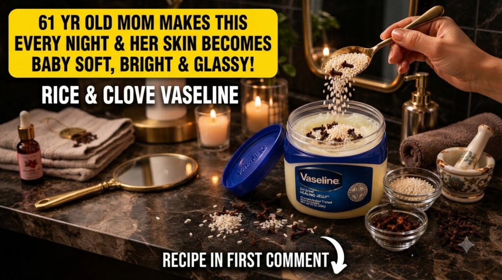 A hand using a golden spoon to drop rice grains and whole cloves into an open jar of Vaseline on a dark marble counter S