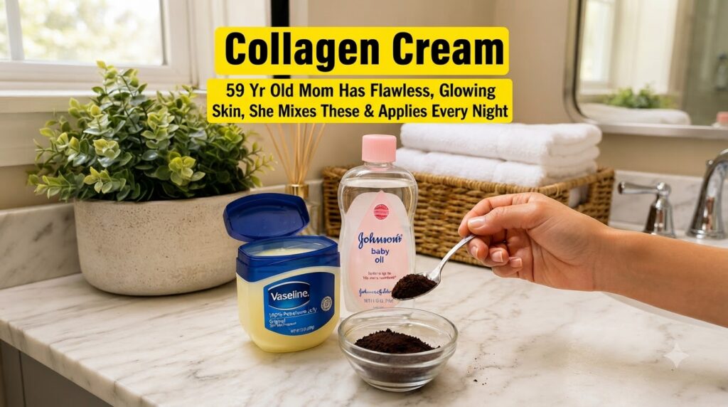A close-up of a bathroom counter with an open jar of Vaseline a bottle of baby oil and a glass bowl of coffee grounds A