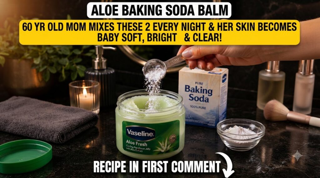 A hand pouring white baking soda powder from a measuring spoon into a jar of green Vaseline Aloe Fresh petroleum jelly
