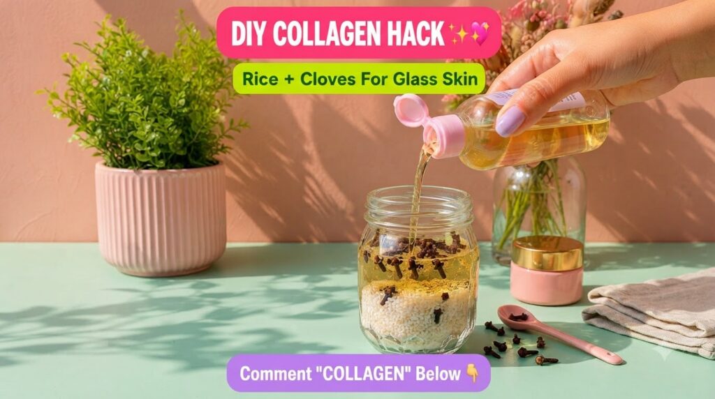 A hand pouring clear liquid from a bottle into a glass jar containing white rice grains and cloves
