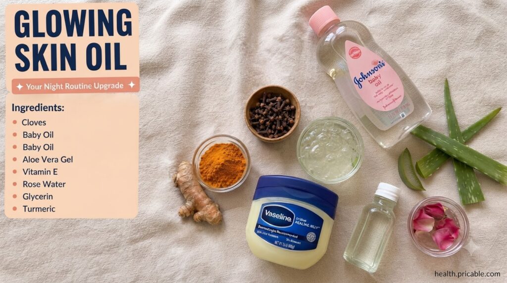 A flat lay of all the ingredients for the glowing skin oil including a bottle of Johnson s Baby Oil a jar of Vaseline fr
