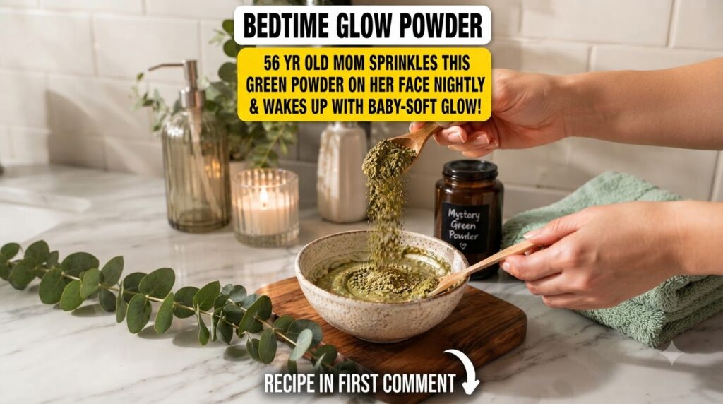A hand sprinkling green moringa powder from a wooden spoon into a small bowl of white petroleum jelly Vaseline In the ba