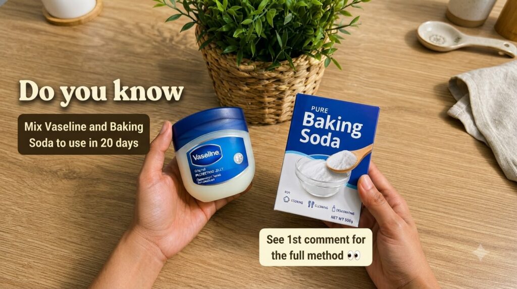 A pair of hands holding a jar of Vaseline and a box of baking soda against a wooden tabletop with a green plant in the b