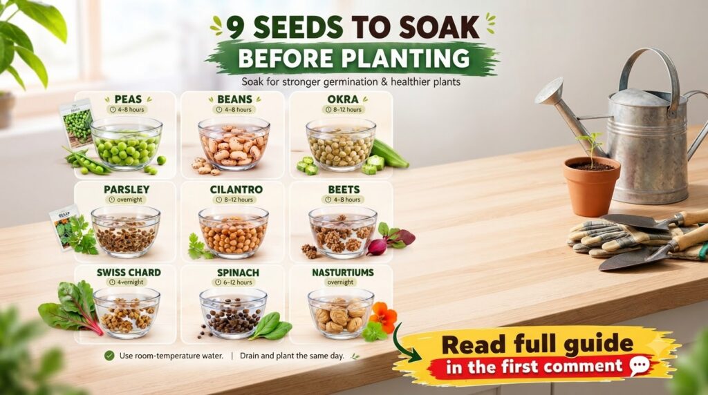 An infographic showing nine varieties of seeds soaking in clear glass bowls each labeled with its name and recommended s