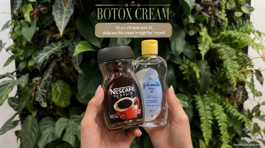 Hands holding a jar of instant coffee and a bottle of baby oil similar to the source image against a soft green backgrou