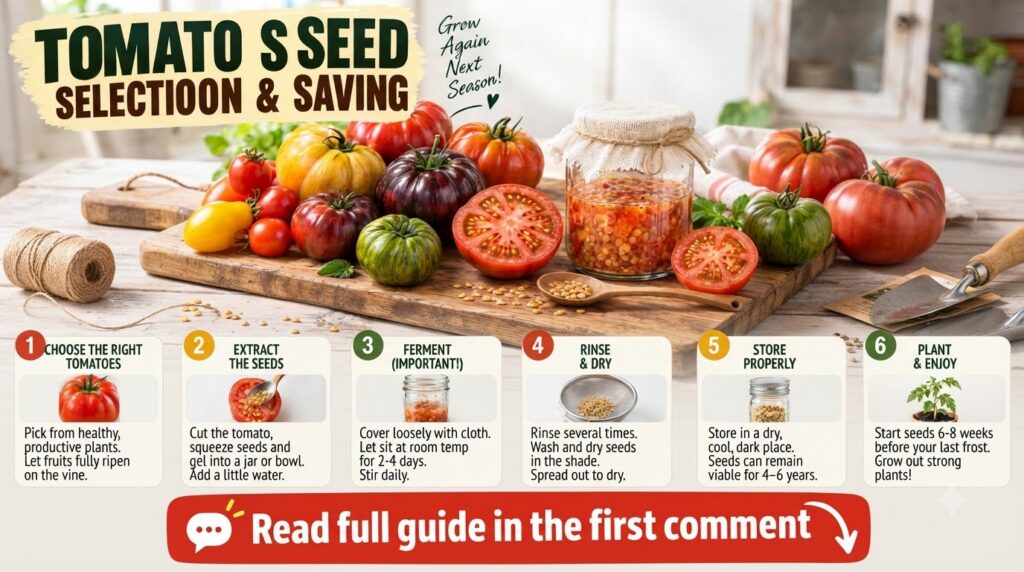 An infographic showing the steps for tomato seed selection and saving It features an assortment of heirloom tomatoes a g