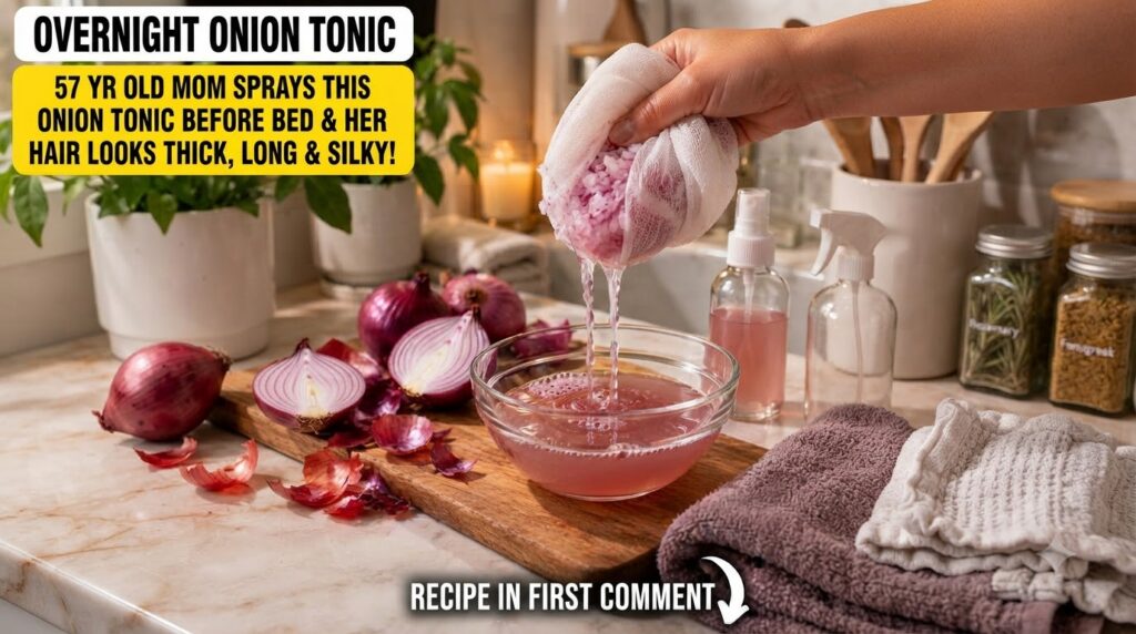 A hand squeezing chopped red onions through a mesh bag extracting pink liquid into a glass bowl with whole and halved re